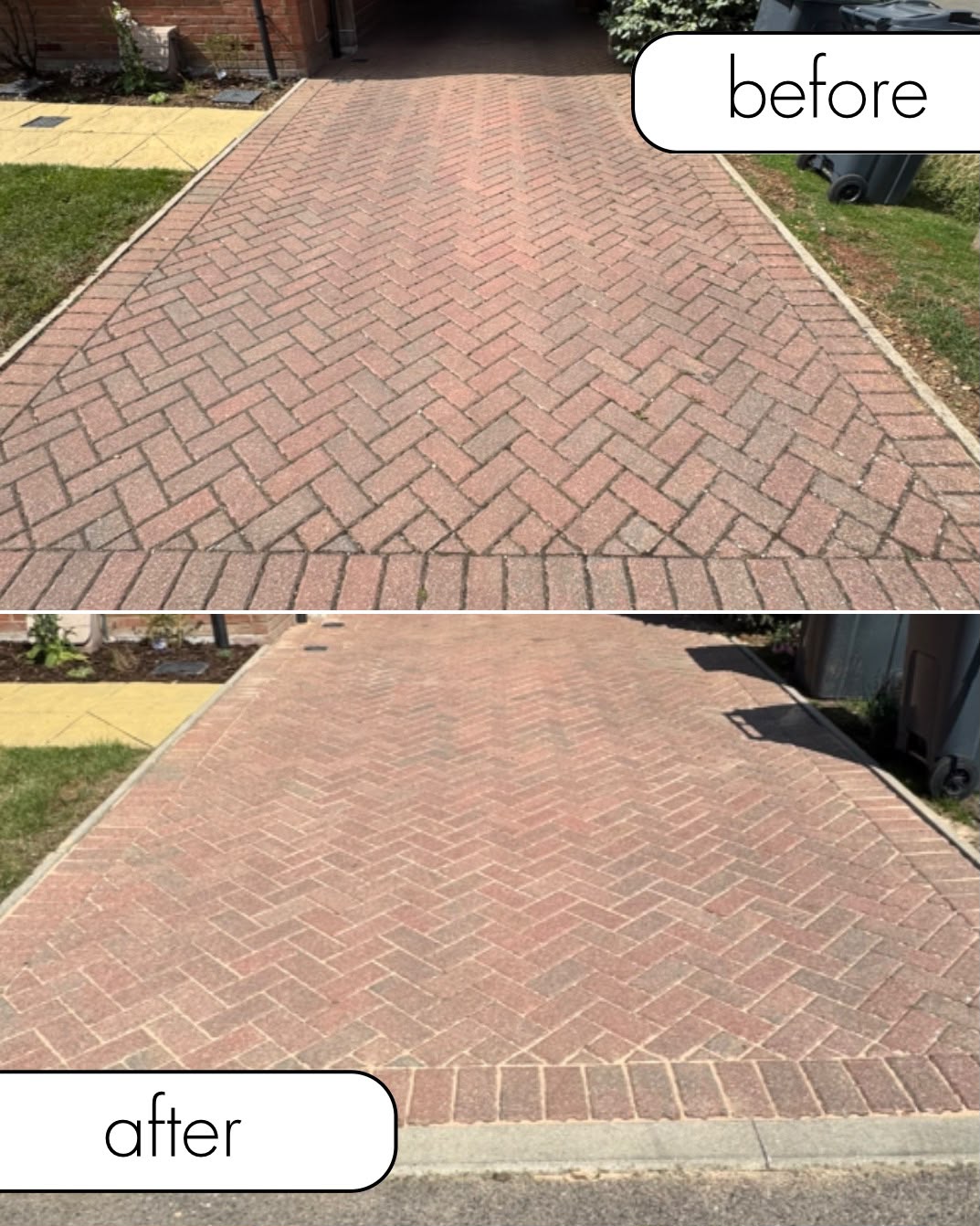 Block paving driveway before pressure washing, covered in dirt and algae