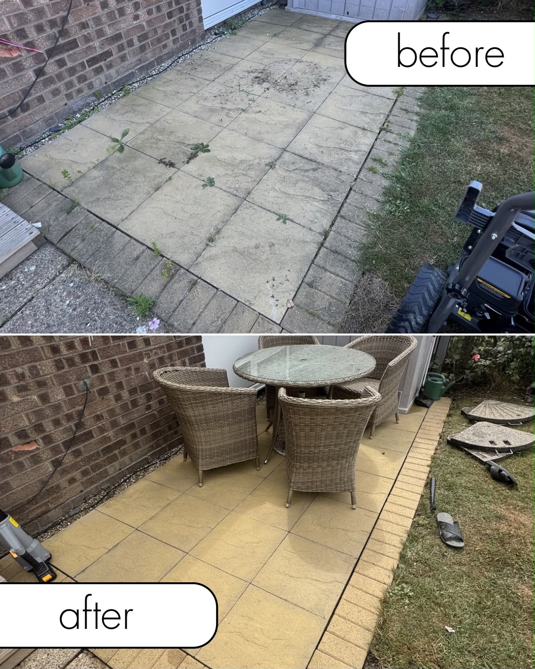 Patio slabs before cleaning, stained with dirt and weeds