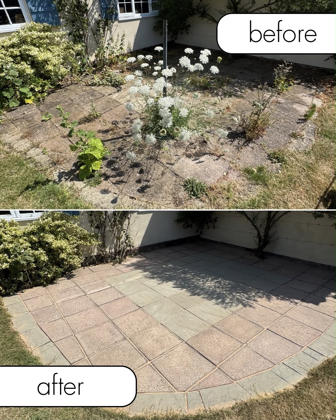 Patio slabs after pressure washing, clean and restored