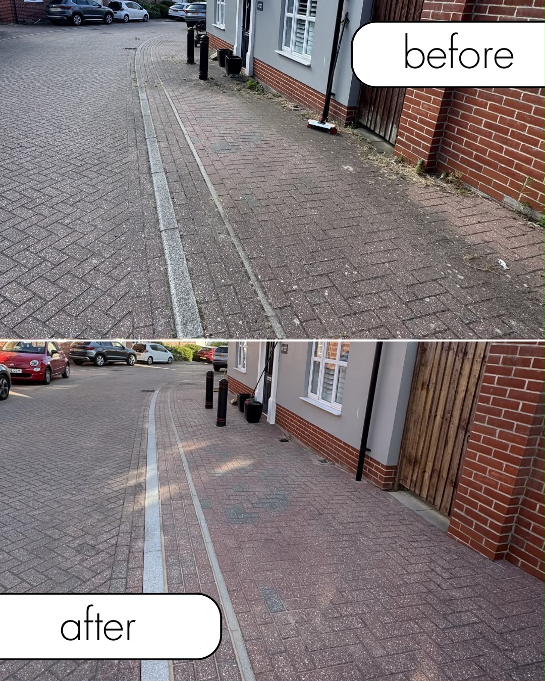 Block paving driveway after professional pressure washing, restored colour